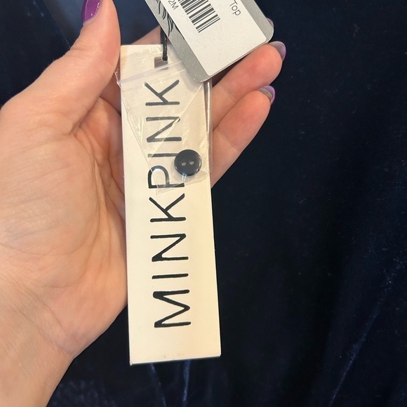 MINKPINK Navy Blue Velvet Long Sleeve Blouse M NWT | Smocked Waist Peplum Top - Picture 5 of 6